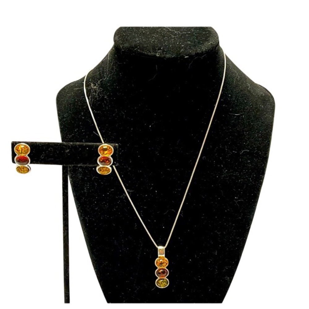 V8 925 POLAND Tri Colored Amber Necklace and Earrings set in Sterling Silver.